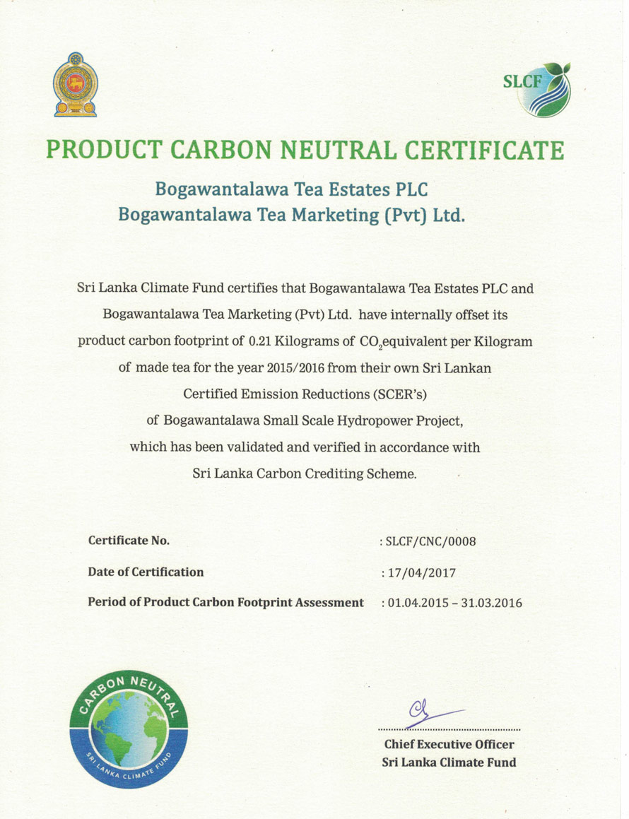 Bogawantalawa World s first tea company to achieve Carbon Neutral Certification