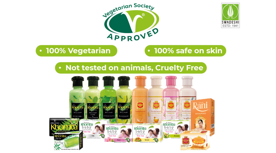 Swadeshi Brands Products Swadeshi Khomba Rani Sandalwood and Swadeshi Khomba Baby Soap Receive Vegetarian Society Accreditation