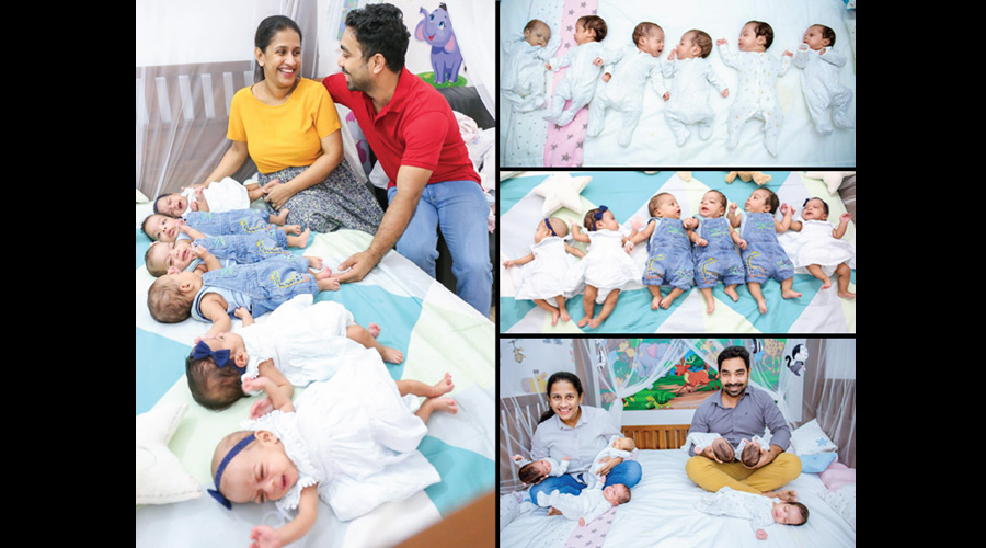 Baby Cheramy with Dilini Wasana Dayananda and Udayanga Maravangoda with their six babies