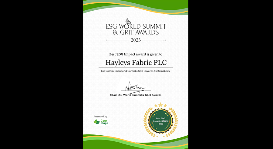 Hayleys Fabric recognised on global stage Awarded Best SDG Impact at ESG World Summit and GRIT Awards