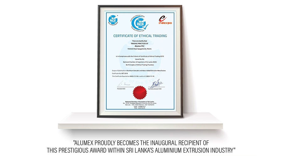 National Chambers of Exporters of Sri Lanka bestows highly coveted Certificate of Ethical Trading on Alumex PLC
