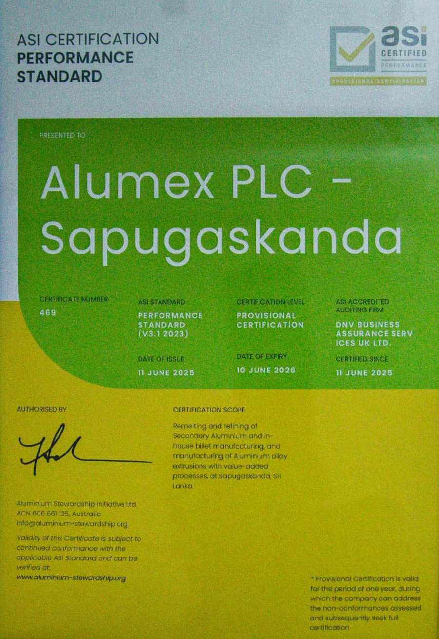 Alumex PLC Achieves ASI Performance Standard Certification