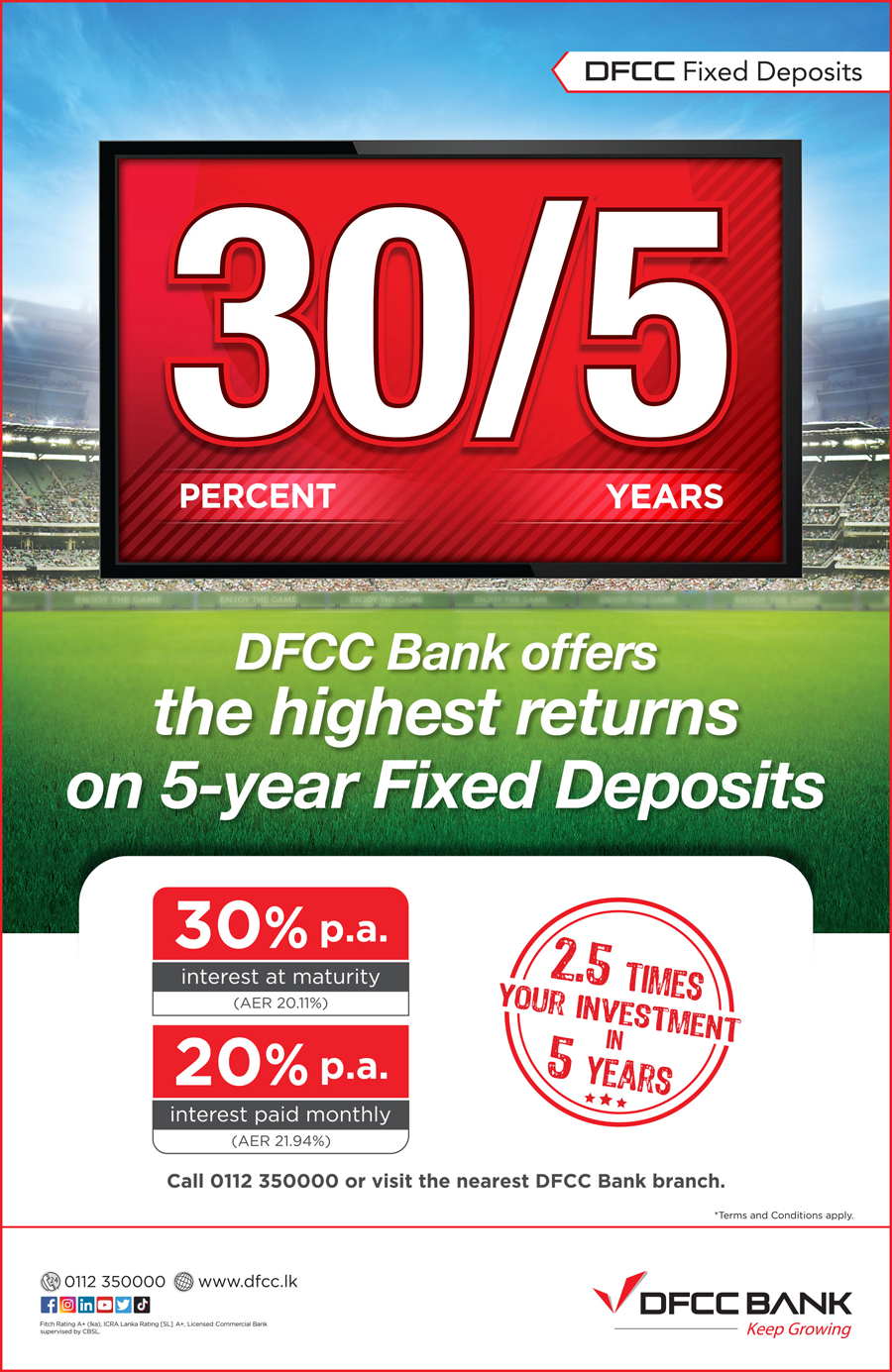 DFCC Bank offers the highest returns for 05 year fixed deposits