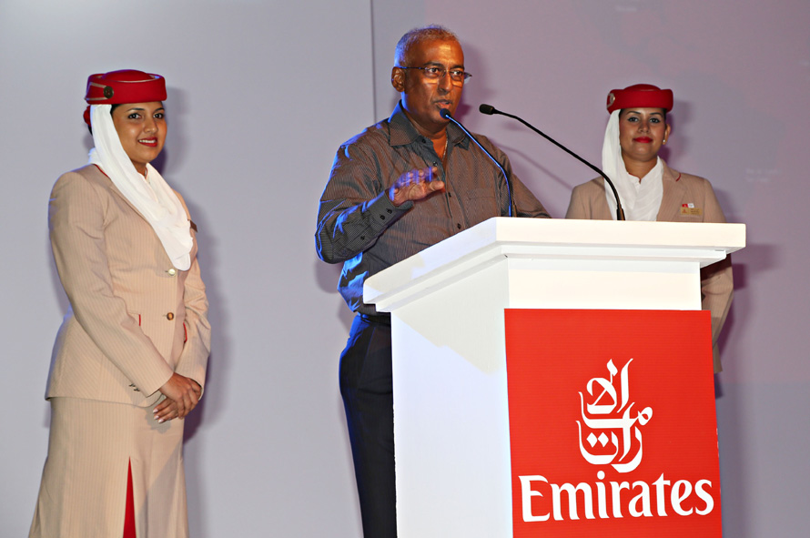 Chandana de Silva Emirates Area Manager Sri Lanka and Maldives addresses guests at the airline s gala dinner for top agents in Colombo
