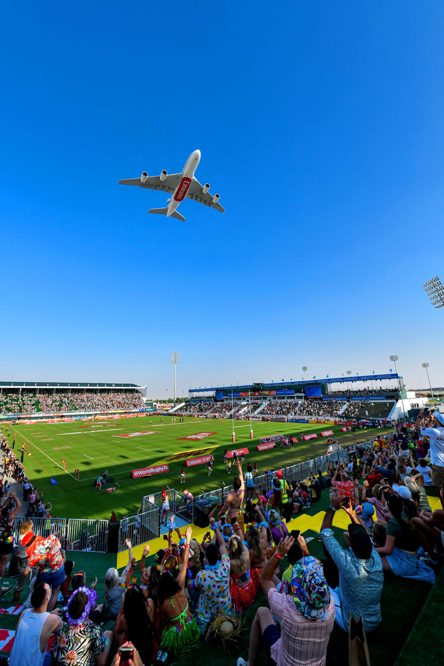 Emirates A380 soars over the Sevens Stadium with dazzling flypast to celebrate the UAEs 50th Jubilee