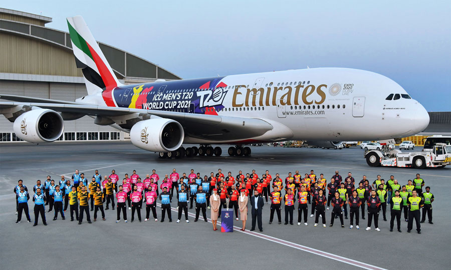 The Emirates ICC Mens T20 World Cup A380 livery makes its debut capturing the energy and spirit of the long awaited tournament