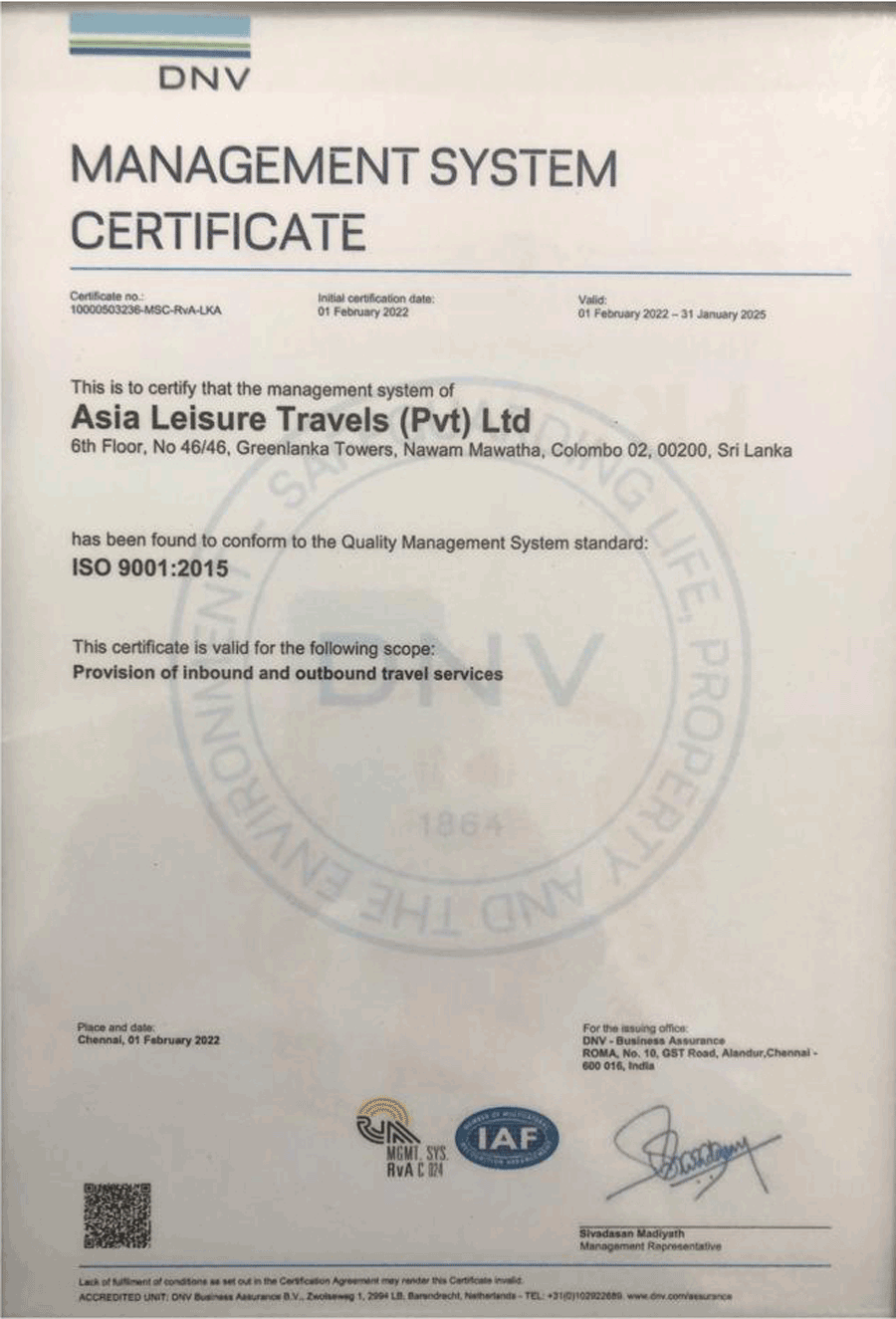 Asia Leisure Travels Achieve ISO 9001 2015 certification