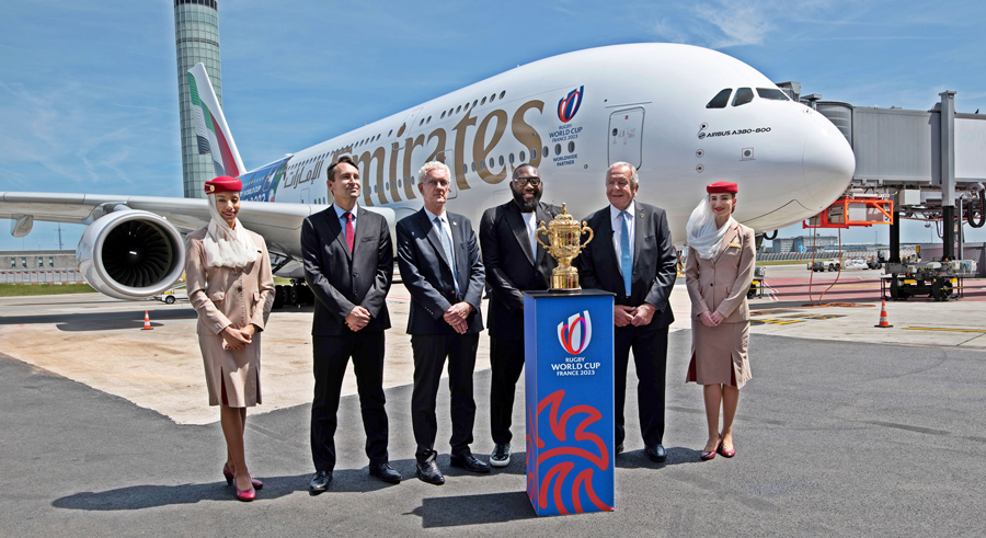 Excitement soars in Paris as Emirates passes the Webb Ellis Cup to the host nation